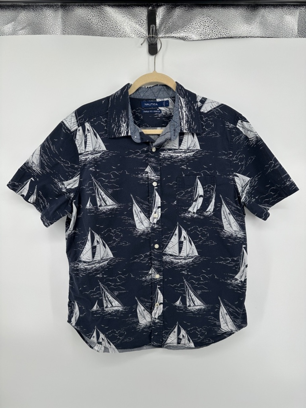 Nautica VTG Nautical Preppy Coastal Navy Sailboat Print Button-Down Shirt SzL